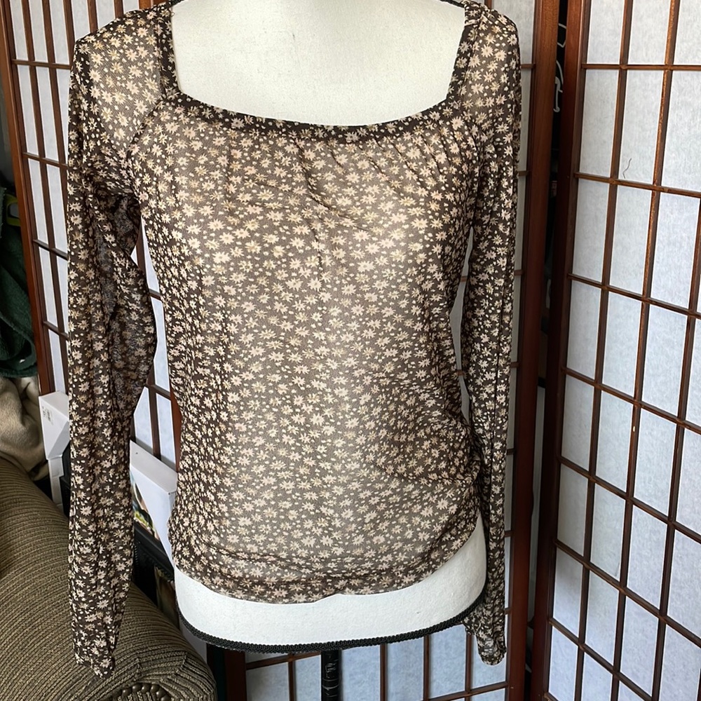 New York & Co Brown Floral Sheer Top